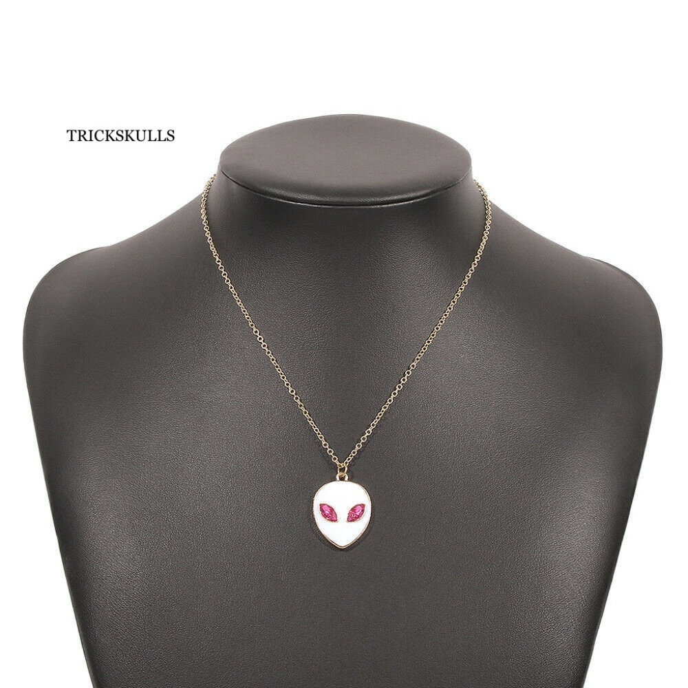 Gold Tone White Pastel Enamel Space Alien Pink Crystal Eyes 18” Gold Chain NEW!